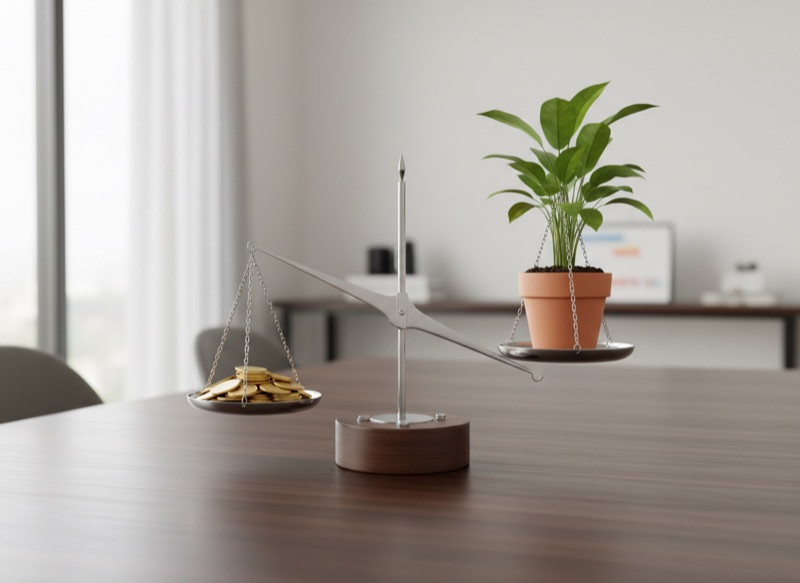 Balance scale weighing coins against a growing plant