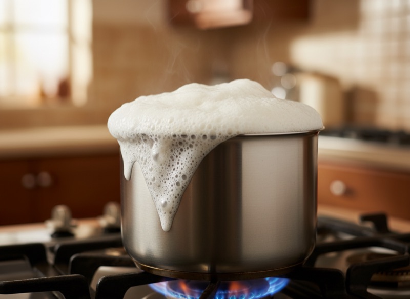 Milk foaming on a gas stove, about to overflow