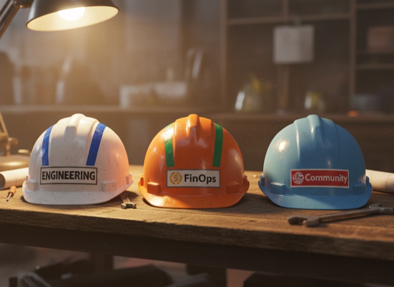 Three hats stacked, representing Larry's platform, FinOps, and evangelism roles at CloudZero